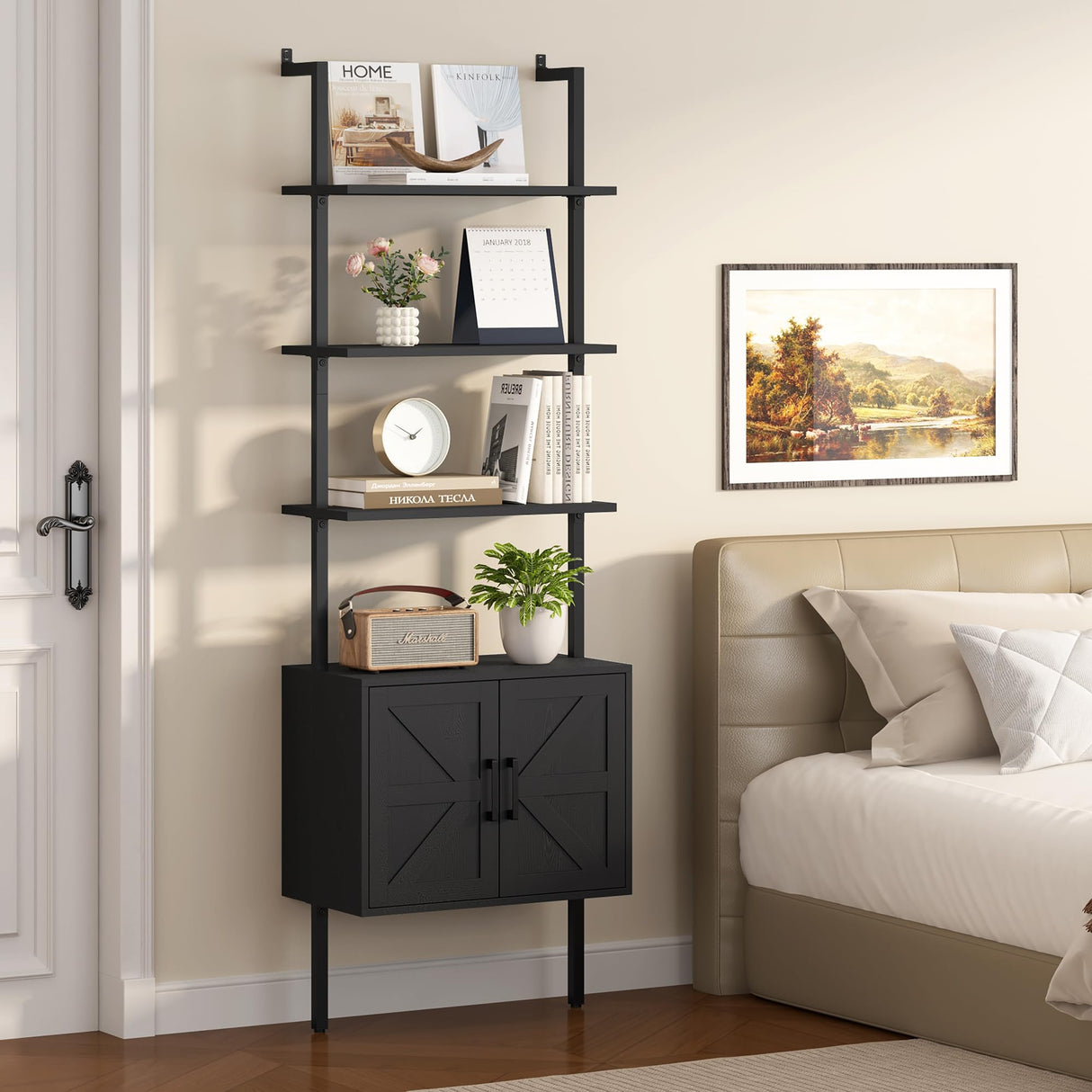 Yusong 73" Tall Bookshelf with Cabinet, Industrial Ladder Wall Mount Shelf Farmhouse Bookcase with Wood and Metal Frame, Plant Shelf Wall Storage Display for Living Room Bedroom, Farmhouse Black Yusong