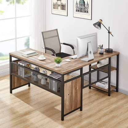 FATORRI L Shaped Computer Desk, Industrial Office Desk with Shelves, Reversible Wood and Metal Corner Desk for Home Office (Rustic Oak, 59 Inch) - WoodArtSupply