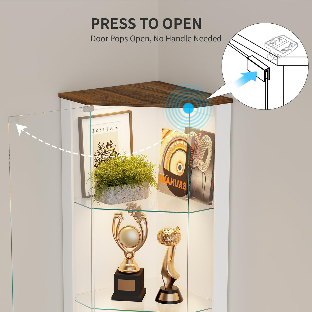 HNEBC 69" Tall Curio Display Cabinet with Glass Door and Movable Shelves,Corner Bookcase with LED Human Sensor Lights,5-Tier RGB Display Case for Collectibles,Bedroom Living Room HNEBC