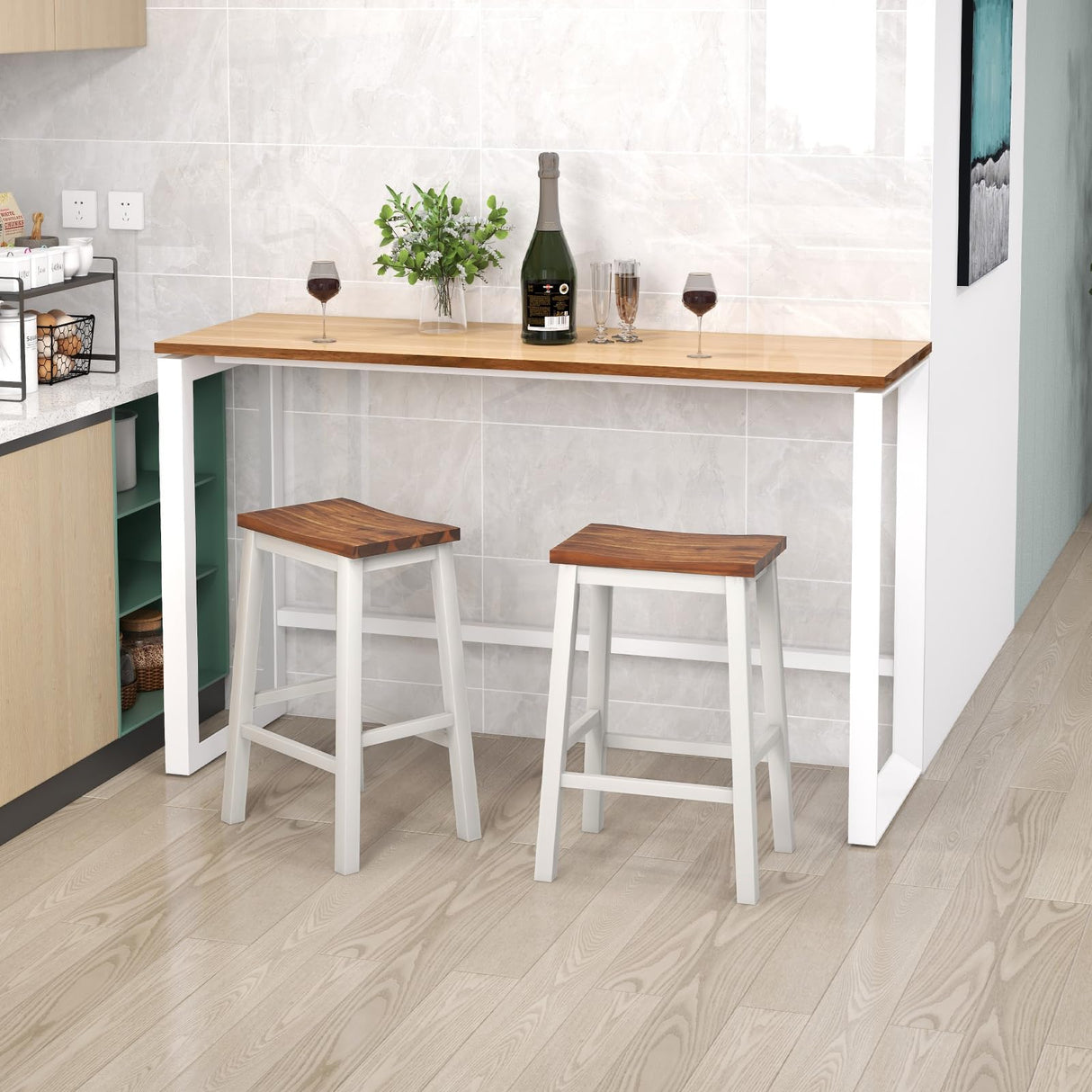 COSTWAY 24.5 Inch Bar Stools Set of 2, Solid Wood Saddle Stools w/Footrests, Industrial Counter Height Breakfast Stools for Kitchen Island, Dining Room, Living Room & Bar, White & Walnut COSTWAY