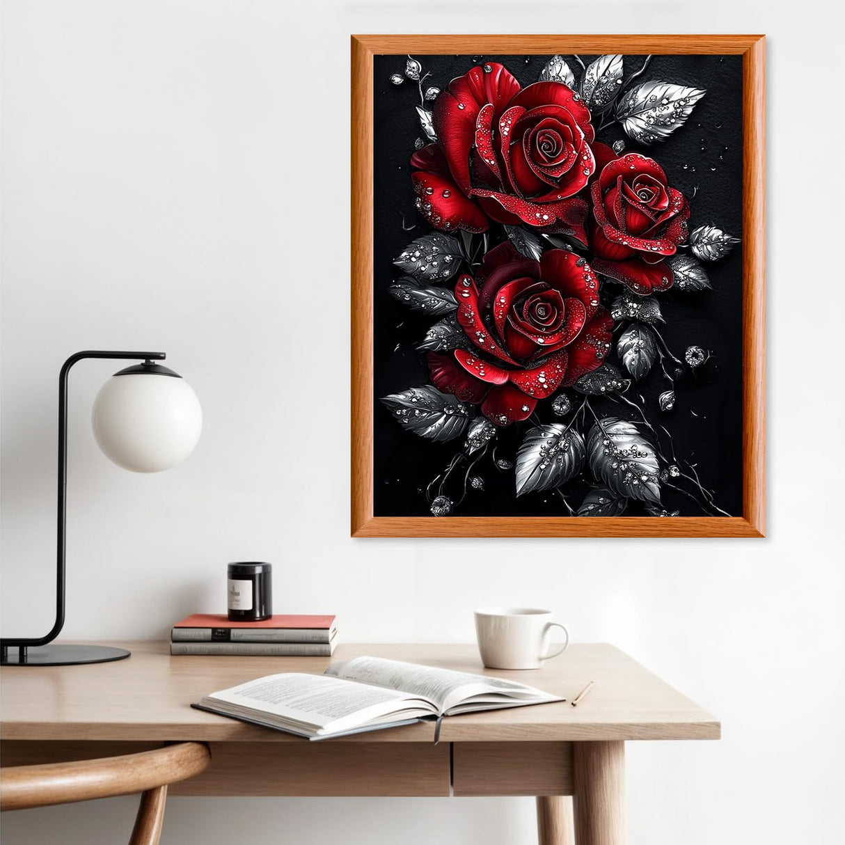 Lxmsja Red Roses Paint by Numbers Kit for Adults, Silver Leaves Acrylic Paint by Numbers for Adults Beginner, DIY Craft Supplies Oil Painting Kits for Home Wall Decor 16x20 inch (No Frame) Lxmsja