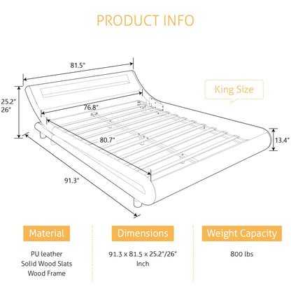 SHA CERLIN LED King Deluxe Upholstered Bed Frame - Adjustable Grey Sleigh Design with Music Sync Lighting - WoodArtSupply