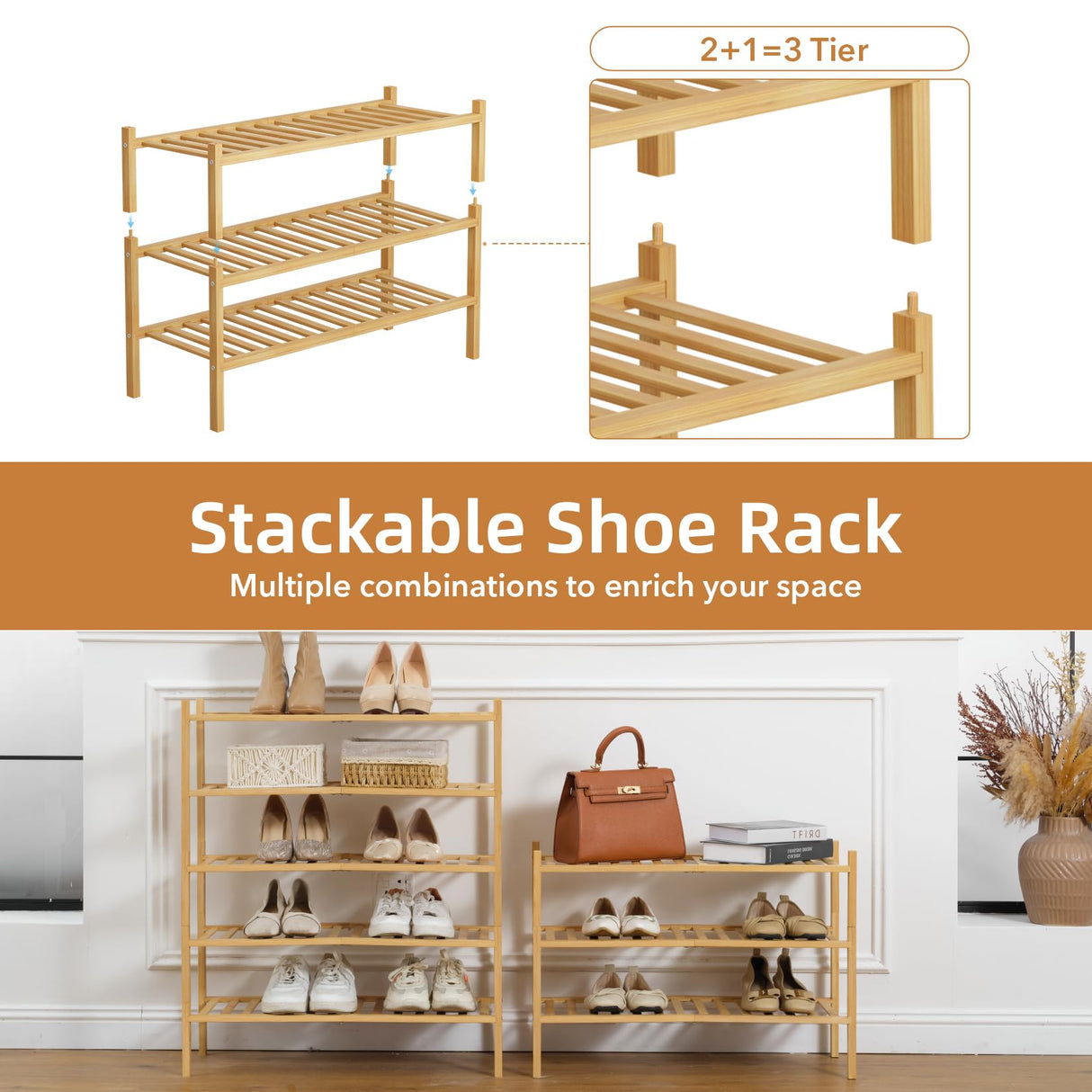 Buymoth 3 Tier Bamboo Shoe Rack Storage Organizer for Closet, Multifunctional Stackable Free Standing Shoe Shelf Organizer for Small Space,Entryway, Hallway, Bathroom 27"x11"x19" (Natural, 3 Tier) Buymoth