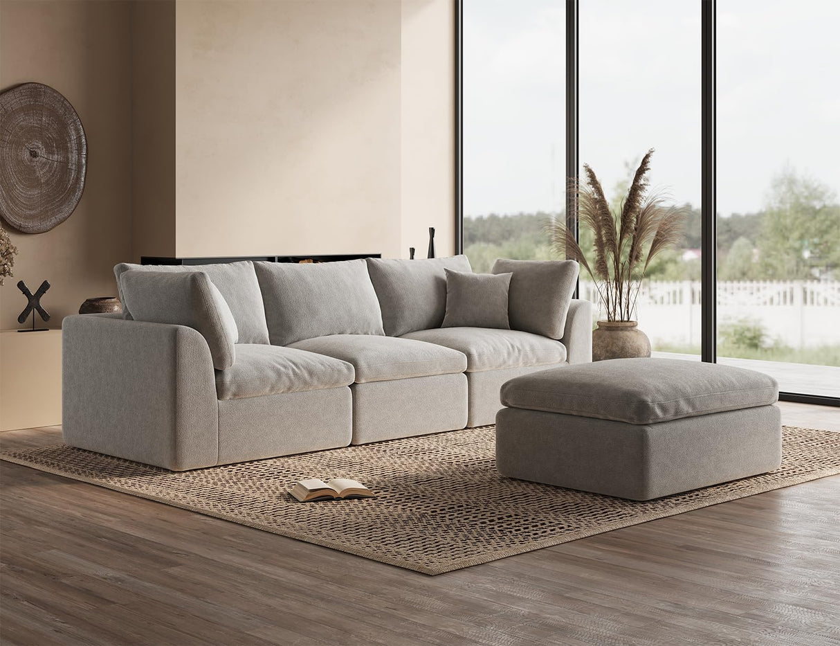 ohllob 110" Cloud Sectional Couches for Living Room, Boneless L-Shape Couch with Ottoman, 3 Seater Modular Sectional Sofa, Light Grey ohllob
