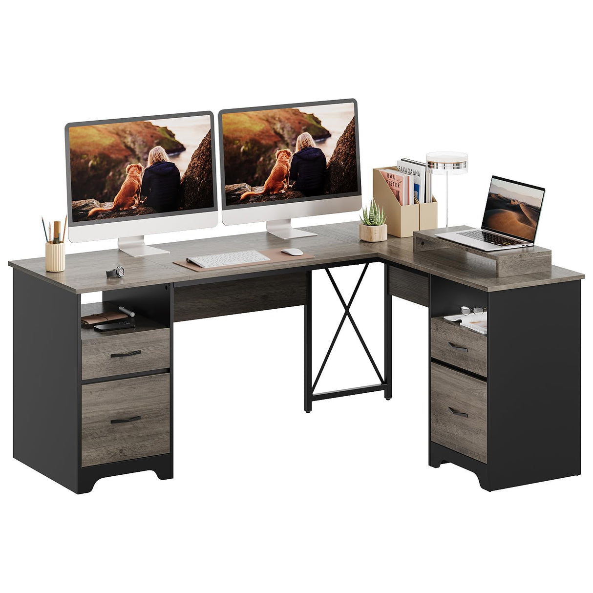 Bestier L Shaped Desk with 4 Drawers, 63" x 47" Executive Desk with Open Storage & Monitor Stand, Corner Desk with 2 File Drawers & Modesty Panel for Home Office, Gray Bestier