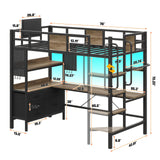busyaeh Twin Size Loft Bed with L-Shaped Desk and Storage, Bunk Bed with Desk Underneath Drawers, Metal Twin Loft with Clothes Rail, Safety Guard & Stairs, LED Lights, Charging Station, Oak Gray busyaeh