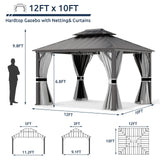 UDPATIO 10' x 12' Hardtop Gazebo, Galvanized Steel Double Roof Permanent Aluminum Gazebo, Outdoor Metal Pergolas with Mosquito Netting and Curtains for Garden, Parties, Patio, Deck, Lawns, Grey UDPATIO