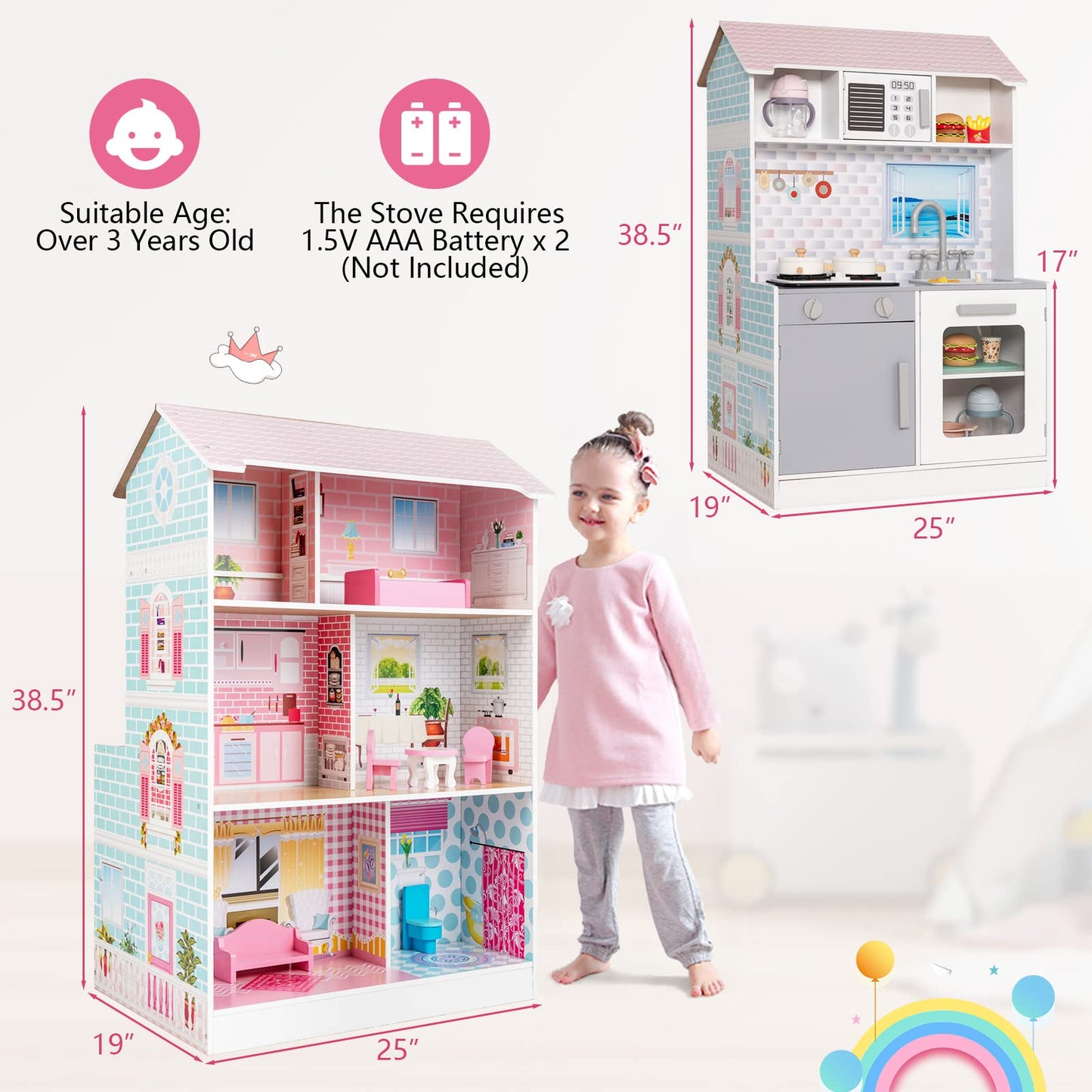 Costzon 2 in 1 Kids Kitchen Playset and Dollhouse, Wooden Double-Sided Pretend Chef Play Set w/Cookware, 3.25 FT High Doll House w/Living Room Bedroom Furniture, Gift for Toddlers Girls Ages  - WoodArtSupply