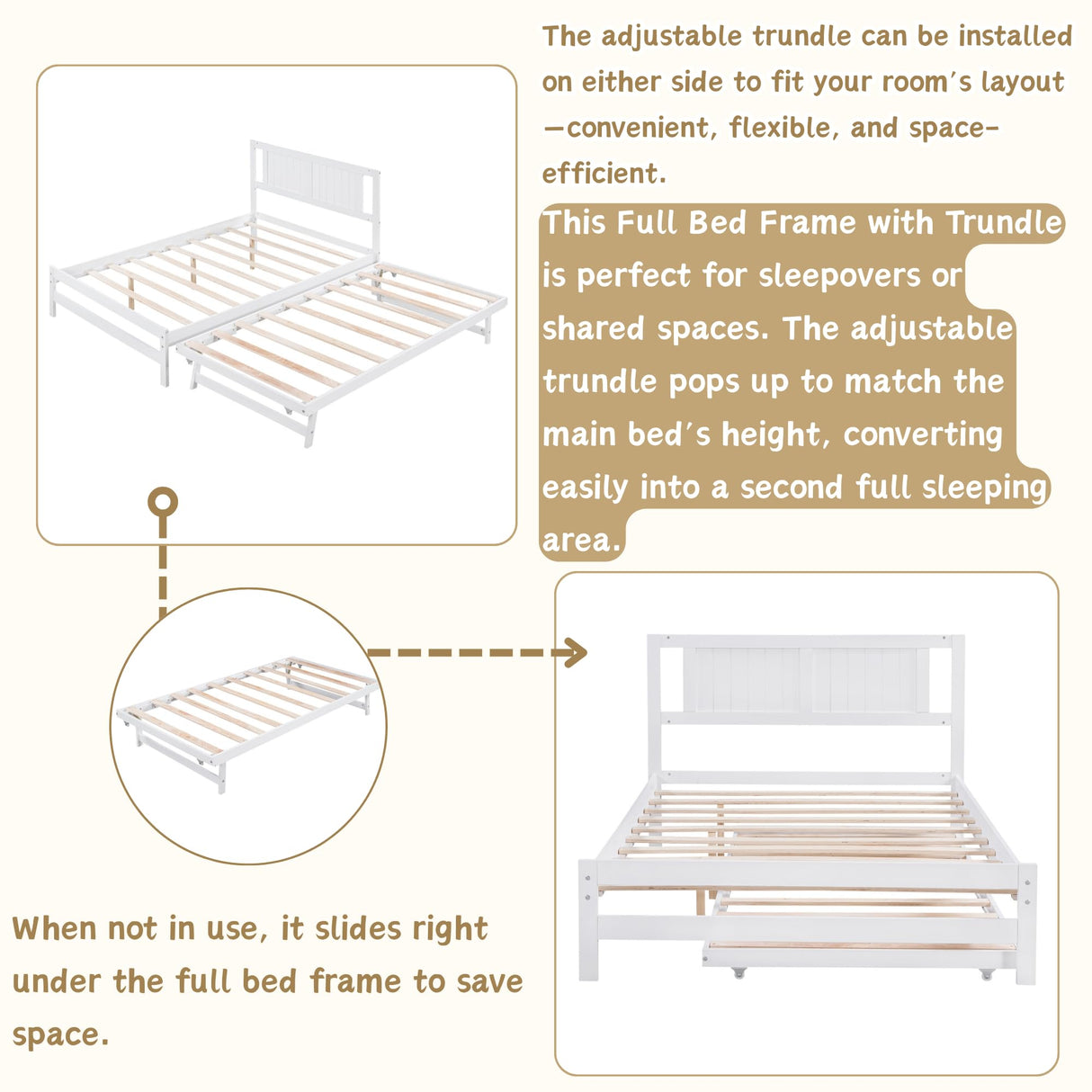 MERITLINE Full Size Bed Frame with Headboard,Wood Full Bed with Adjustable Trundle Bed, Extendable Bed Frame to 2 Beds for Kids Teens Adults (White) MERITLINE