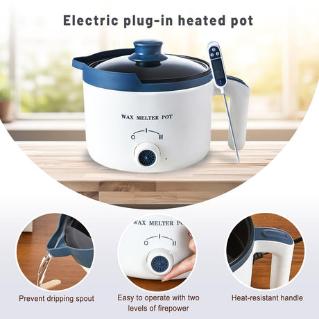 KQU Wax Melting Pot with Thermometer, Electric Wax Melter for Candle Making with Spout, Small Double Boiler Pot Set for Beginner Adults KQU