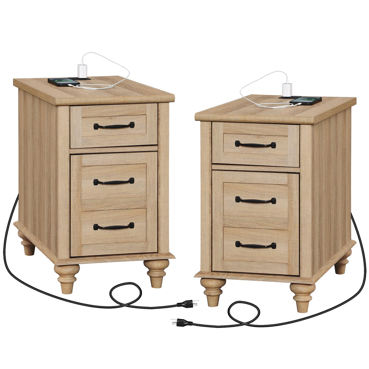 WAMPAT Set of 2 End Tables with Charging Station, Light Wood Side Sofa Table with Drawer and Storage Cabinet, Farmhouse Nightstand with Power Outlets & USB Ports for Living Room, Bedroom, Oak WAMPAT