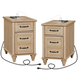 WAMPAT Set of 2 End Tables with Charging Station, Light Wood Side Sofa Table with Drawer and Storage Cabinet, Farmhouse Nightstand with Power Outlets & USB Ports for Living Room, Bedroom, Oak WAMPAT