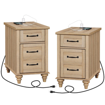 WAMPAT Set of 2 End Tables with Charging Station, Light Wood Side Sofa Table with Drawer and Storage Cabinet, Farmhouse Nightstand with Power Outlets & USB Ports for Living Room, Bedroom, Oak