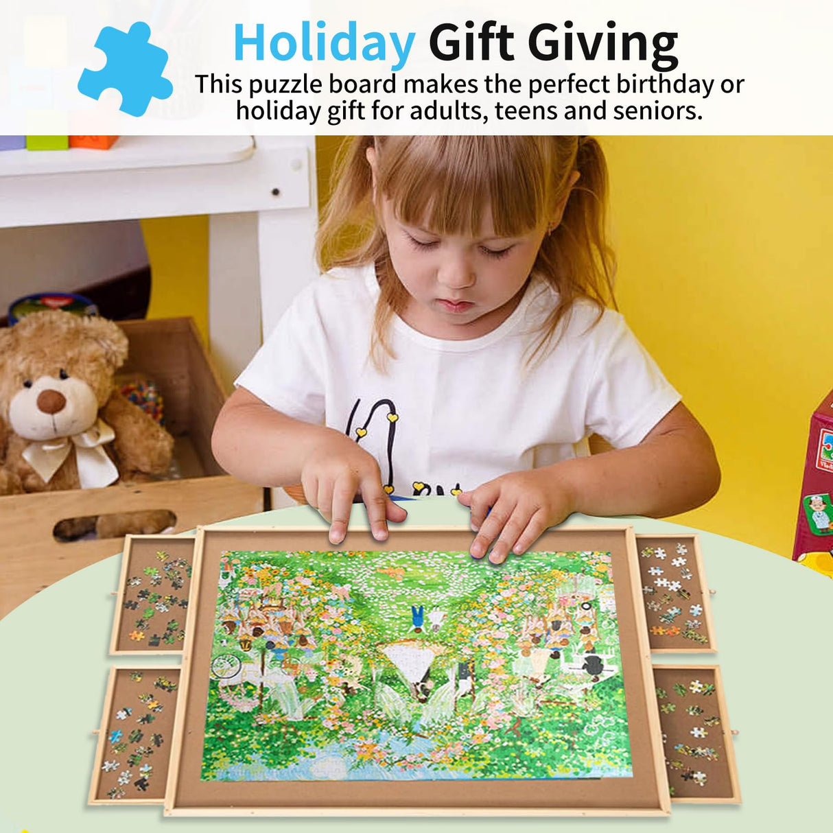 500 Piece Puzzle Board with Drawers, 14" x 28" Jigsaw Puzzle Table with Cover Mat, 4 Drawers, Small Puzzle Table, Birthday Gifts FAMILON