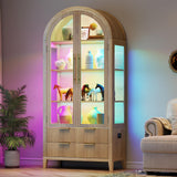Vlsrka 71" Arched RGB Curio Cabinet with Glass Doors, 4-Shelves Tall Display Cabinet and 2 Drawers, LED Display Case with 20 Lights for Collectibles/Book/Medal/Figure, Wood Color Vlsrka