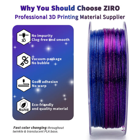 ZIRO Fast Color Changing Twinkling PLA, 1.75mm Filament, Sparkle Glitter with Colorful Transluent PLA, 3D Printing Material,1kg Spool, Dimensional Accuracy +/-0.03mm, Galaxy ZIRO