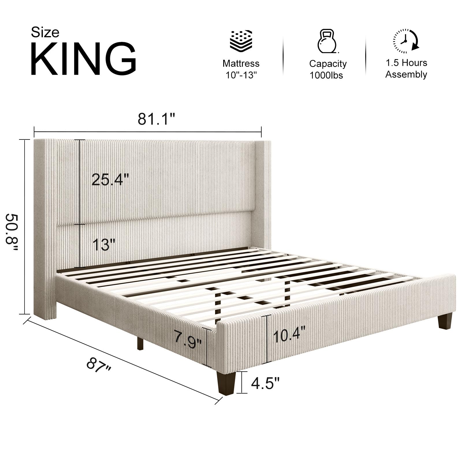 HOWE King Size Cream Upholstered Wingback Bed Frame with 50.8" Headboard - WoodArtSupply