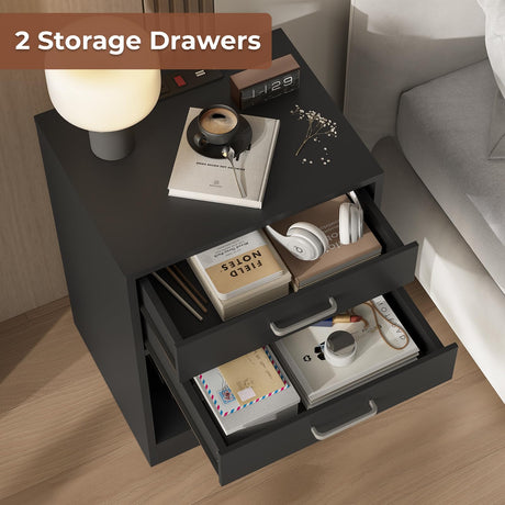 ADORNEVE Night Stand Set 2,Black Nightstand with Charging Station & Drawers,Night Stands for Bedrooms Set of 2,Bedside Table with Drawers ADORNEVE