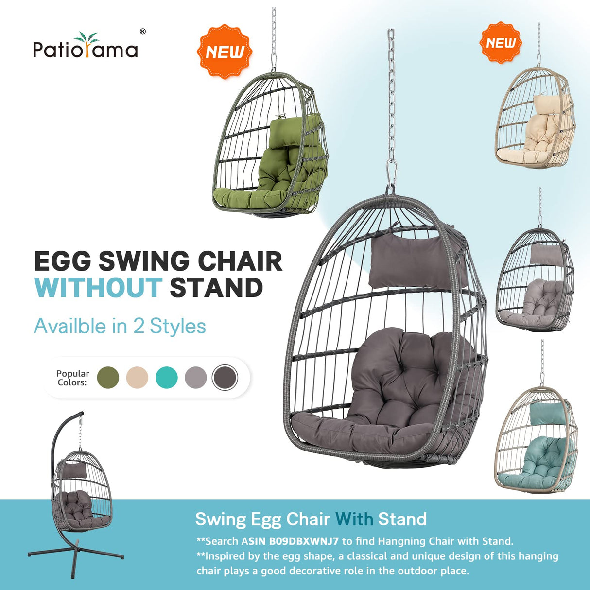 Patiorama Indoor Outdoor Egg Swing Chair Without Stand, Patio Wicker Rattan Hanging Chair w/Cushion, 350lbs Capacity, All Weather Foldable Hammock Chair Basket Chairs for Bedroom, Porch (Dark Grey) Patiorama