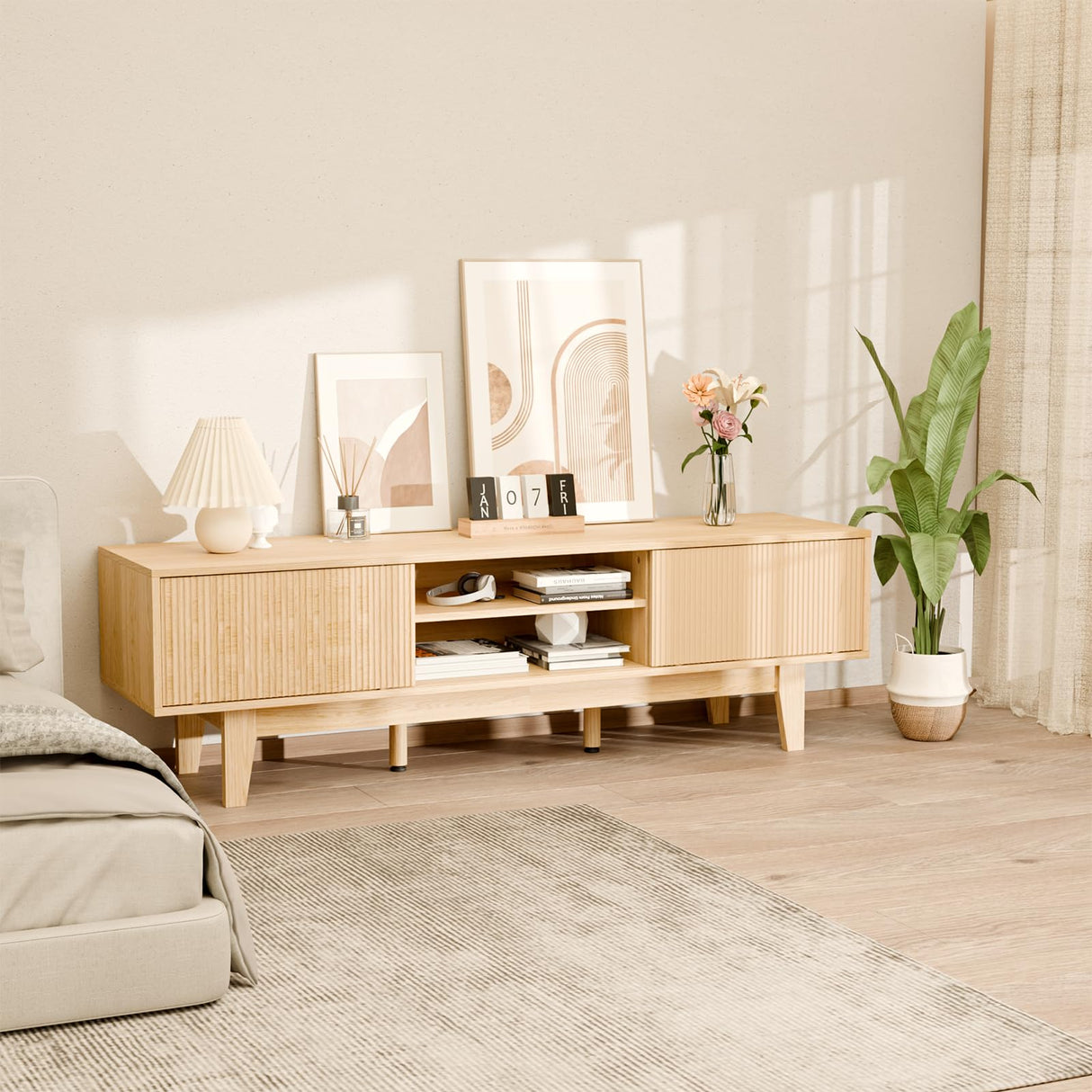 59" Mid-Century Modern TV Stand with Fluted Sliding Doors - Solid Wood Entertainment Center for 55/60/65 Inch TV, Adjustable Shelves, Boho Farmhouse Media Console for Living Room, Bedroom & Office.Oak SEALAMB