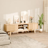 59" Mid-Century Modern TV Stand with Fluted Sliding Doors - Solid Wood Entertainment Center for 55/60/65 Inch TV, Adjustable Shelves, Boho Farmhouse Media Console for Living Room, Bedroom & Office.Oak SEALAMB