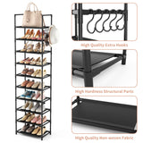 LANTEFUL 10 Tiers Tall Shoe Rack 20-25 Pairs Boots Organizer Storage Sturdy Narrow Shoe Shelf for Entryway, Closets with Hooks, Black LANTEFUL