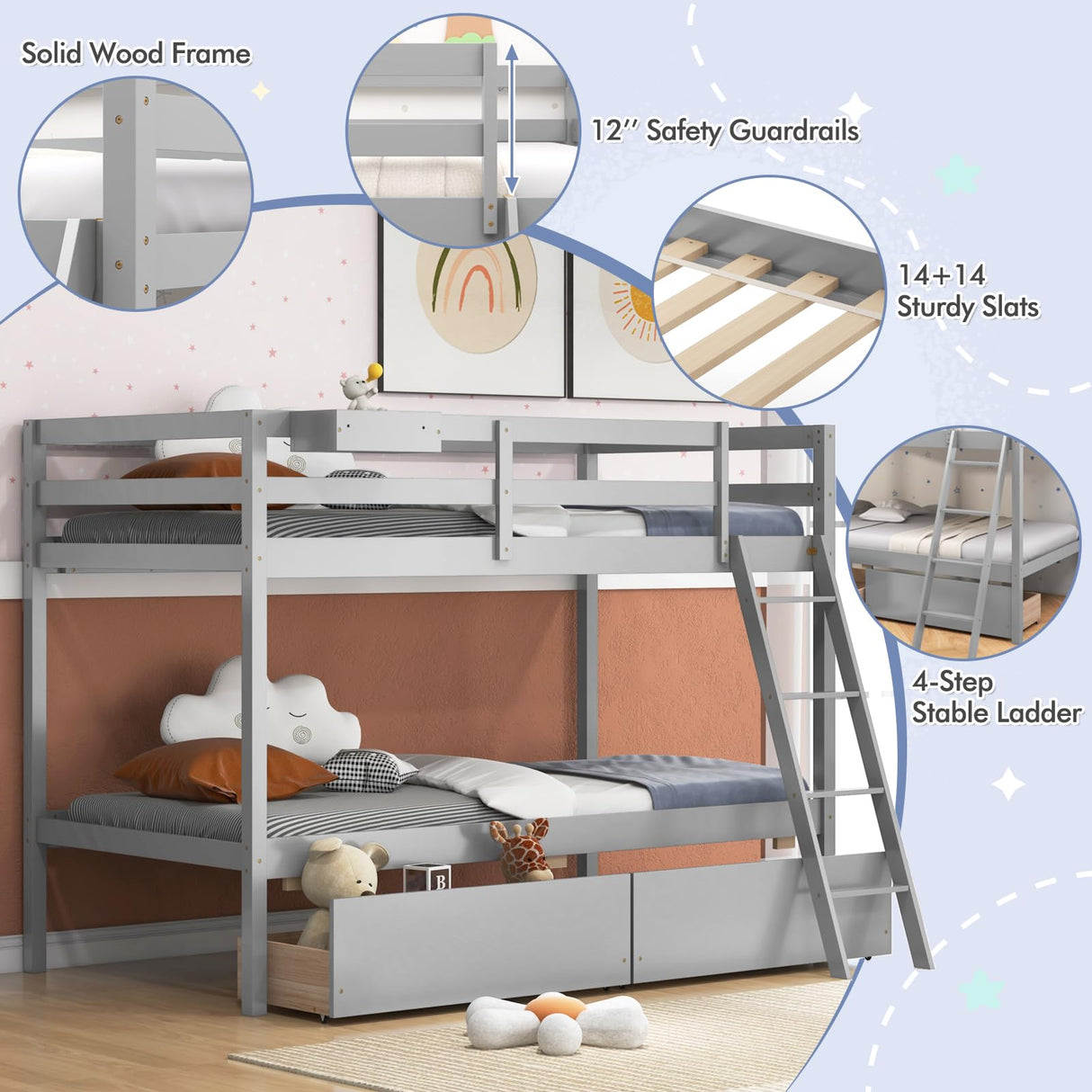 KOTEK Twin Over Twin Bunk Bed with Storage Drawers and Guardrails in Grey KOTEK