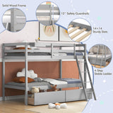 KOTEK Twin Over Twin Bunk Bed with Storage Drawers and Guardrails in Grey KOTEK