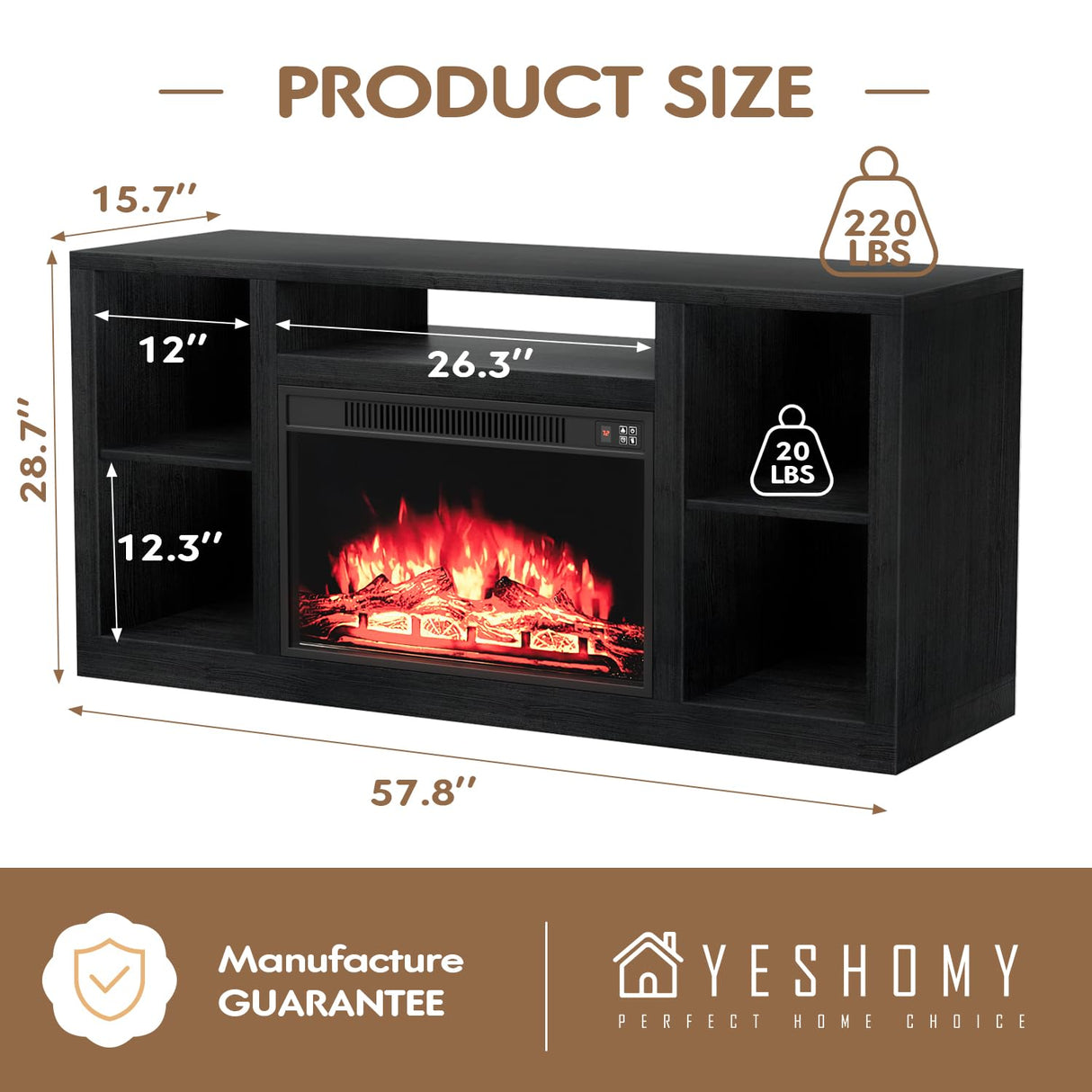 YESHOMY Electric Fireplace TV Stand for Televisions up to 65+ Inch, Media Entertainment Center Console Table with Four Open Storage Shelves & Cabinets, 58 Inch, Black YESHOMY