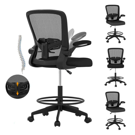 POWERSTONE Drafting Chair, Ergonomic Tall Office Chair Stool Standing Desk Chair with High Back and Flip-up Armrests Adjustable Rolling Workbench Stool with Footrest (Black 1 pcs) POWERSTONE