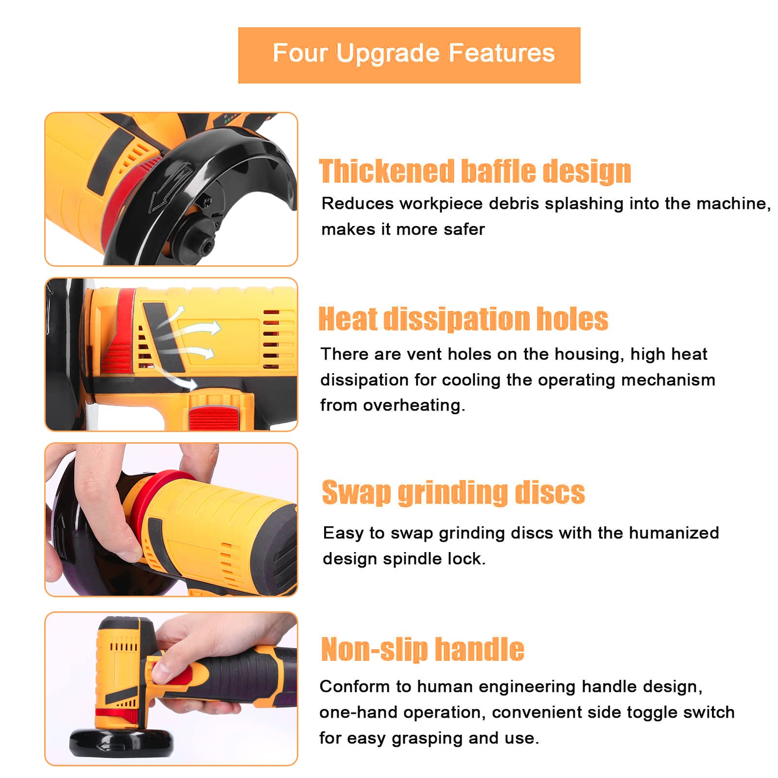 Angle Grinder, Geevorks Electric Grinding Tool 19500RPM, Mini Grinder Handheld Cutter for Cutting Polishing Ceramic Tile Wood Stone Steel, with 2 Cutting Disc/2PCS 1200mAh Battery, Yellow - WoodArtSupply