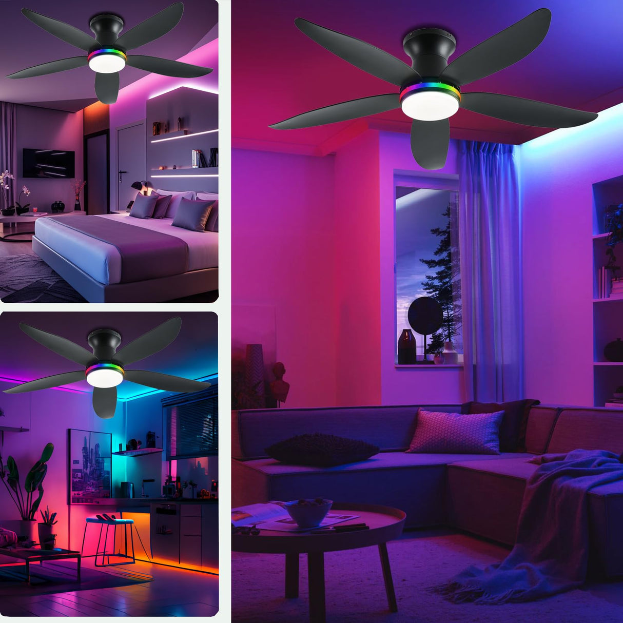 JSAITEE Ceiling Fan with Light, 48" RGB Low Profile Ceiling Fans with Lights and Remote Control, Dimmable, DC Reversible Motor, Noiseless, 6 Speeds Flush Mount Black Ceiling Fan for Bedroom JSAITEE