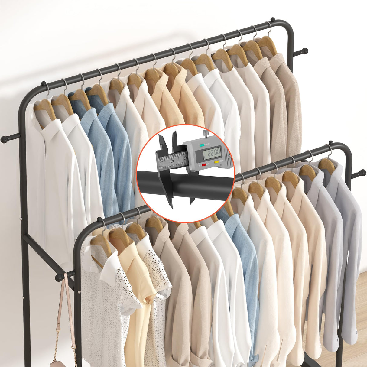 Laiensia Double Rods Garment Rack with Wheels, Clothing Rack for Hanging Clothes,4 Hooks, Multi-functional Bedroom Clothes Rack, Black Laiensia
