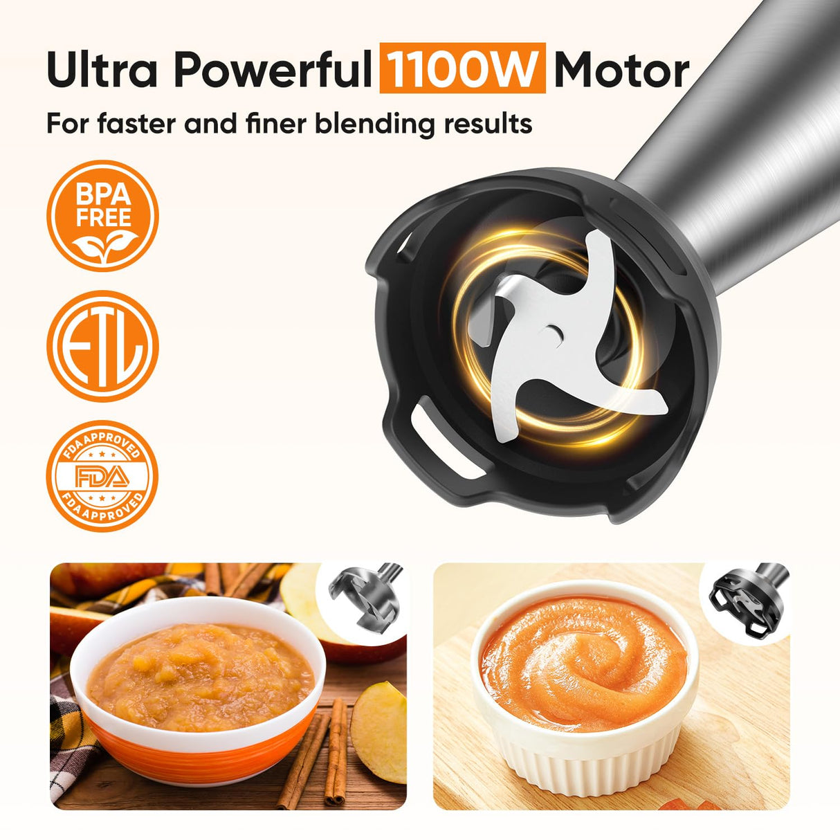 Immersion Blender Handheld 1100W Corded Hand Blender Trigger Variable Speed 3 in 1 Stick Blender with Whisk, Milk Frother Attachments Emulsion Blender Handheld for Soup, Smoothie, Puree BESROY