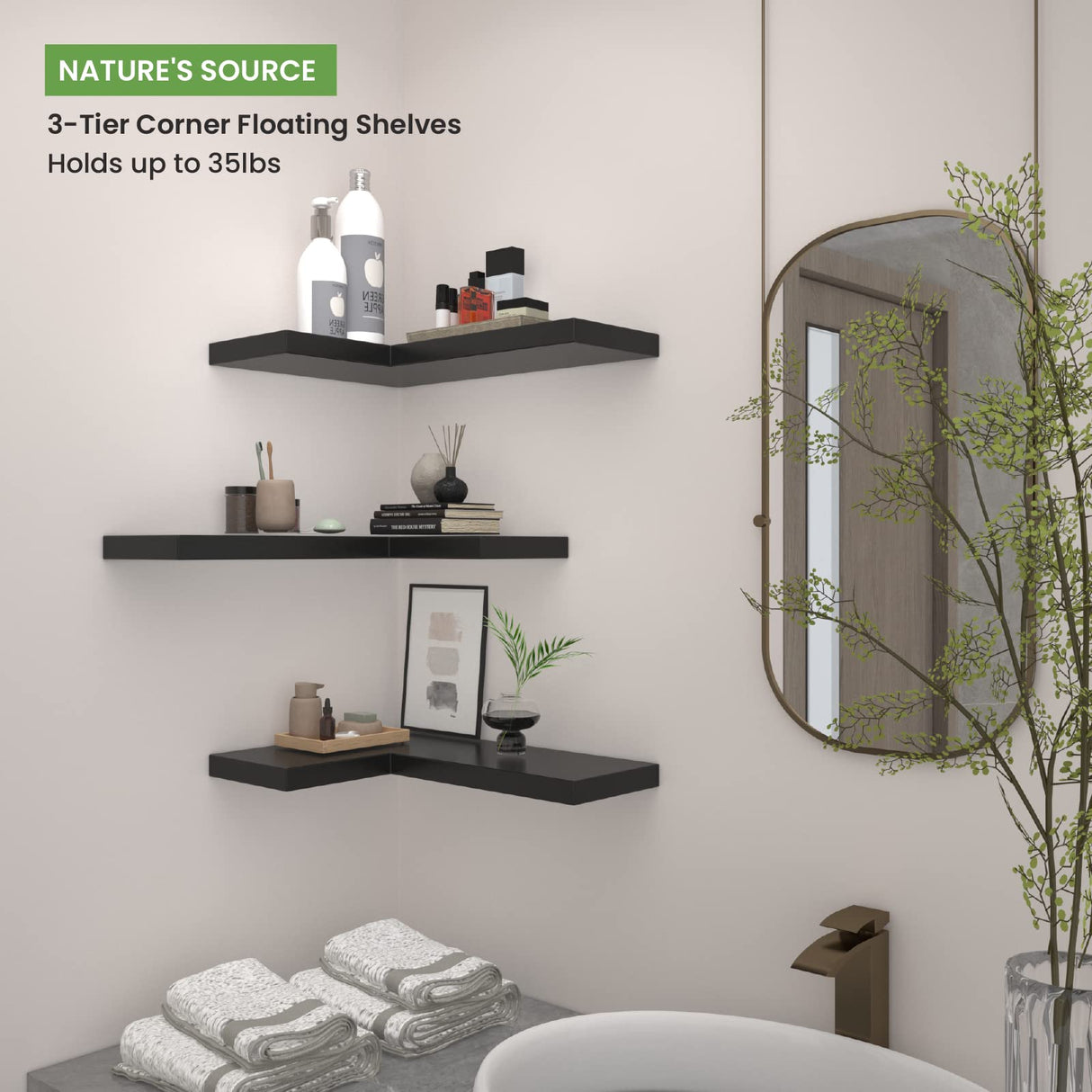 NATURE'S SOURCE Corner Floating Shelves with Invisible Brackets, Corner Shelves Wall Mounted Set of 3, Bedroom Bathroom Kitchen Living Room Office- Gothic Style 17" x 6" (Black) NATURE'S SOURCE