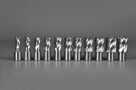 Annular Cutter Set 13 pcs JESTUOUS 3/4 Inch Weldon Shank 1 Cutting Depth and Cutting Diameter from 7/16 to 1-1/16 for Mag Drill Press HSS Standard Kit Two Flat with 2 Pilot Pins JESTUOUS