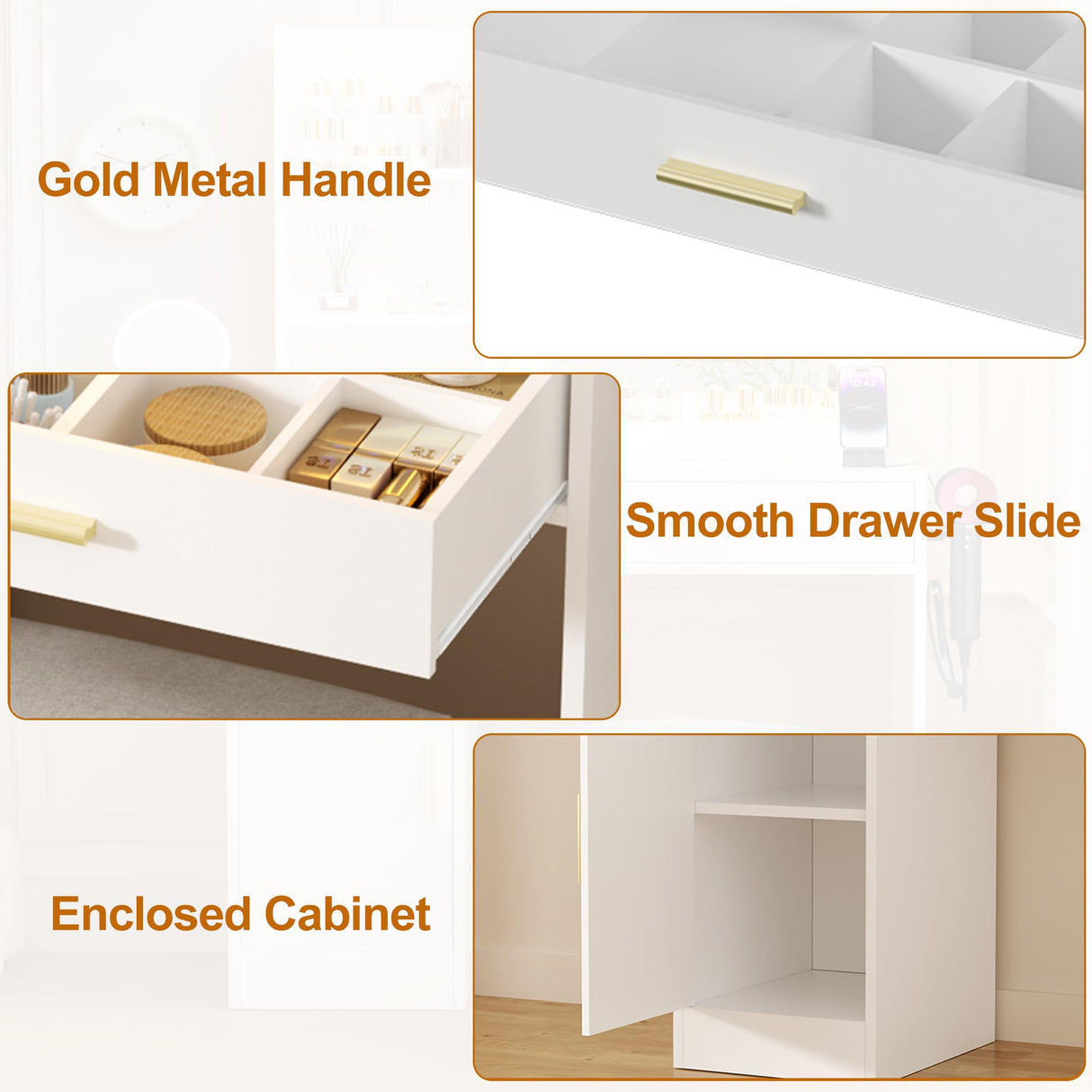 ERLEJIA Vanity Desk with Mirror and Lights & Extral Foldable Desk, 35.43"-43.3" Makeup Vanity Table with Stool and Plug Strip, 5 Drawers and and Open Shelves Dressing Table for Bedroom, White ERLEJIA