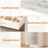 ERLEJIA Vanity Desk with Mirror and Lights & Extral Foldable Desk, 35.43"-43.3" Makeup Vanity Table with Stool and Plug Strip, 5 Drawers and and Open Shelves Dressing Table for Bedroom, White ERLEJIA