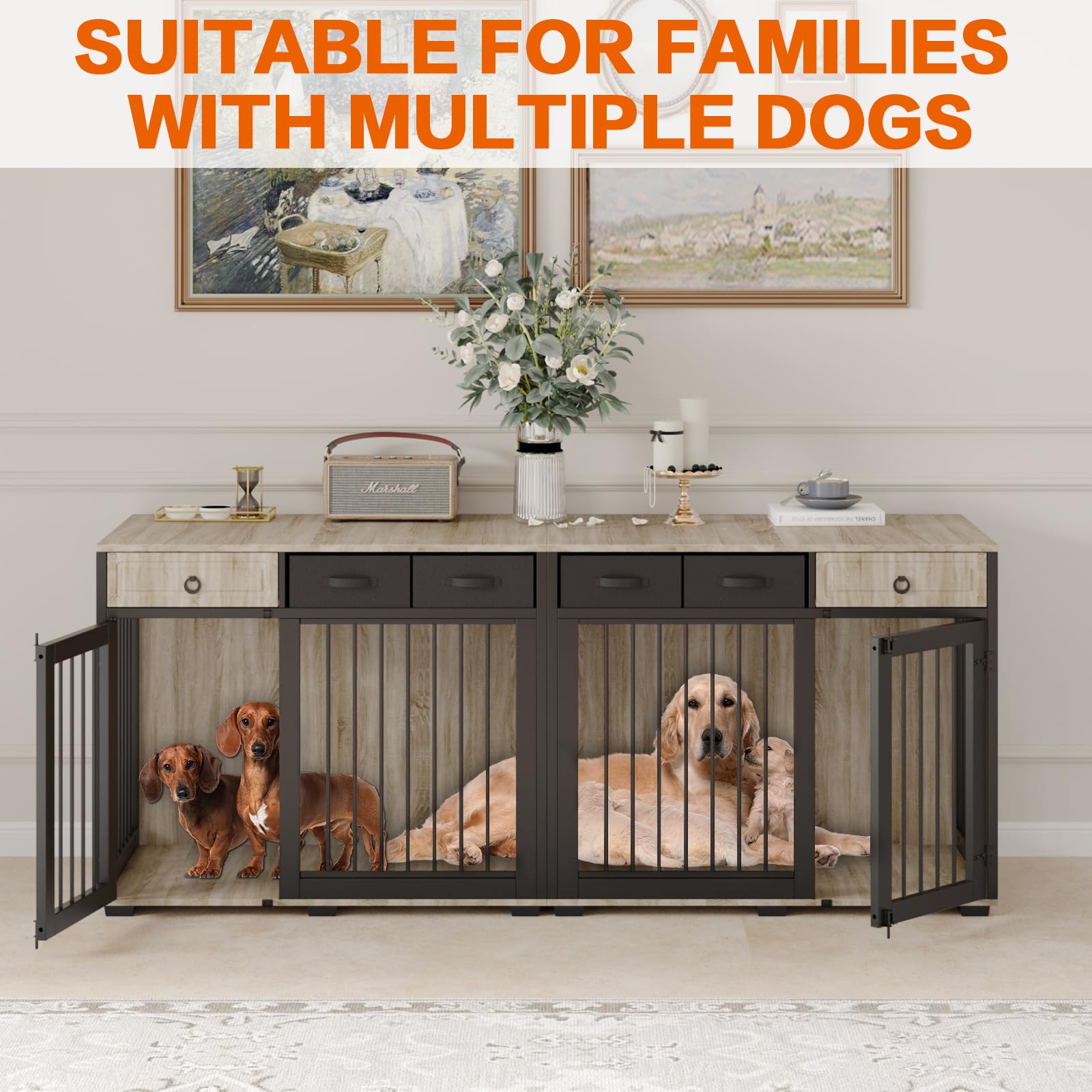 PAPIHO Dog Crate Furniture for 2 Dogs,Corner Wooden Furniture Style Combined Dog Crate Kennel with Fabric Drawers&Removable Divider,Dog Crate Can Use Separately - WoodArtSupply