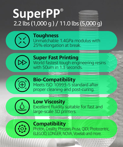 SuperPP Tough 3D Printer Resin Fastest 1.4GPa 50um Print in 1.3 secs, Made in Korea by 3DMaterials (5000g, Clear)