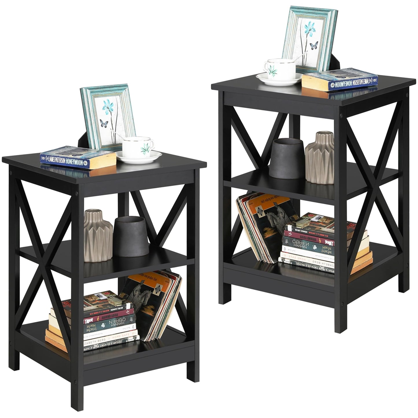 Yaheetech Black End Table Set of 2, 16x16x24 in Sturdy 3-Tier Side Tables with Storage Shelf & Solid Wood Legs, 2Pcs X-design Modern Sofa Side Table for Living Room Office, Easy Assembly