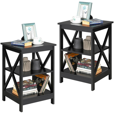 Yaheetech Black End Table Set of 2, 16x16x24 in Sturdy 3-Tier Side Tables with Storage Shelf & Solid Wood Legs, 2Pcs X-design Modern Sofa Side Table for Living Room Office, Easy Assembly Yaheetech