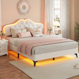 BTHFST Beige Princess Upholstered Bed Frame with LED Lights and Adjustable Headboard BTHFST