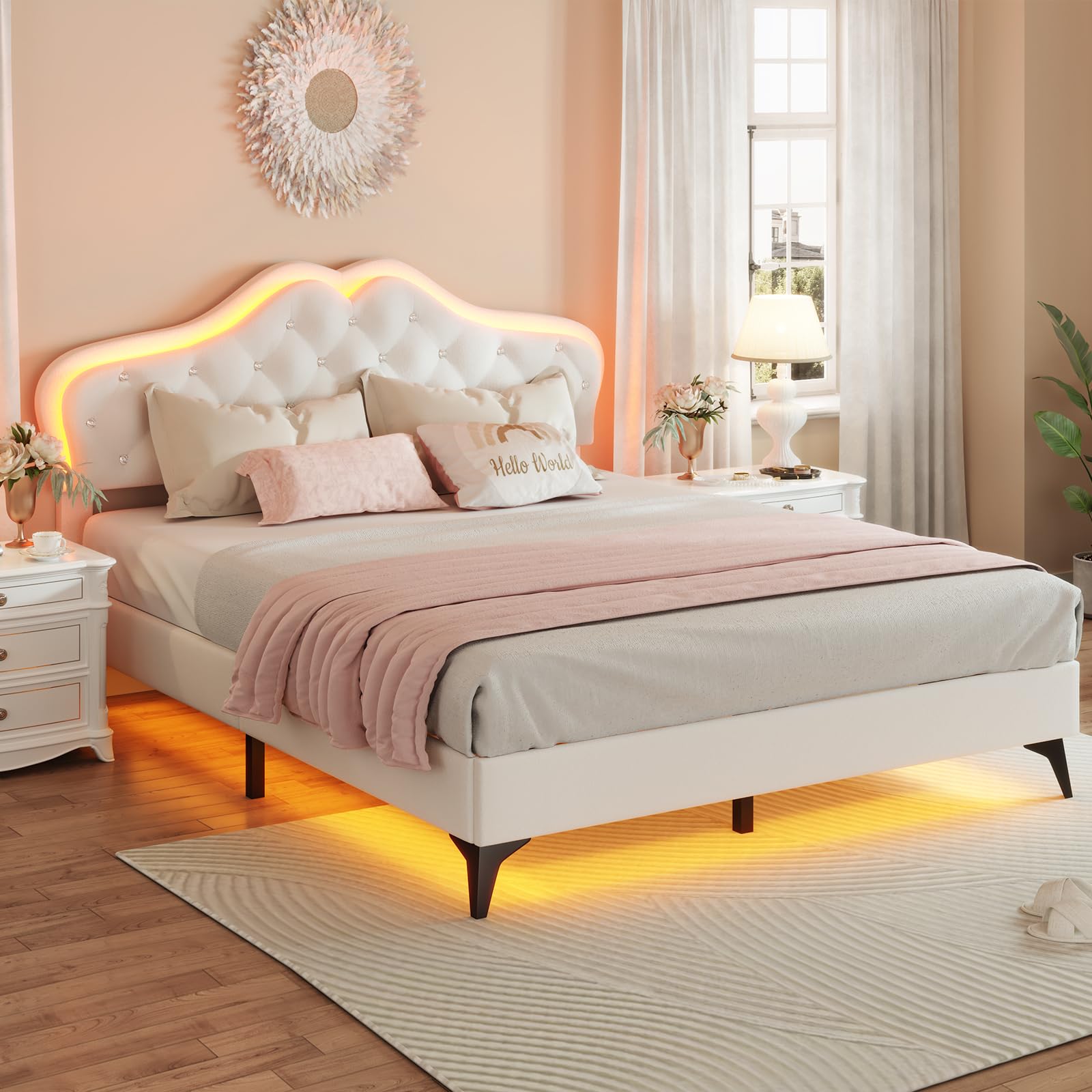 BTHFST Beige Princess Upholstered Bed Frame with LED Lights and Adjustable Headboard - WoodArtSupply