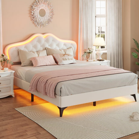 BTHFST Beige Princess Upholstered Bed Frame with LED Lights and Adjustable Headboard BTHFST