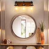 Lanhall 3-Light Farmhouse Bathroom Light Fixtures Vintage Bathroom Vanity Lights Over Mirror Black and Wood Painted Metal Vanity Light for Bathroom with Glass Shades E26 Socket Lanhall
