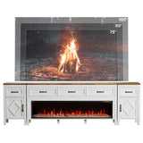 BVIUNTWO Farmhouse TV Stand with Fireplace for TVs Up to 100 Inch,Entertainment Center with 60" Electric Fireplace,98" TV Console with Storage Cabinet Drawers for Living Room(Off White) BVIUNTWO
