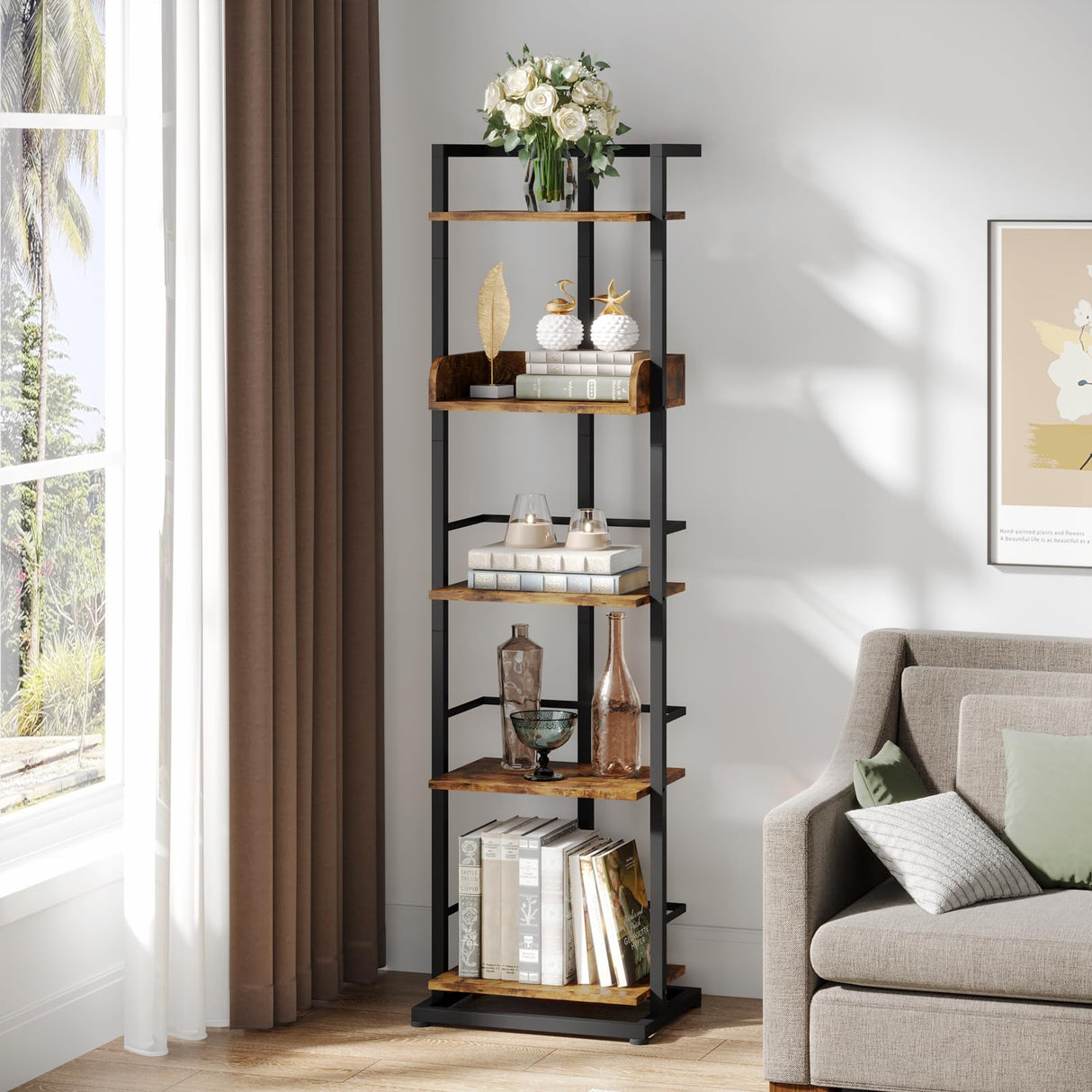 Narrow 5-Tier Industrial Rustic Brown Bookshelf with Metal Edge Protection Hosfais