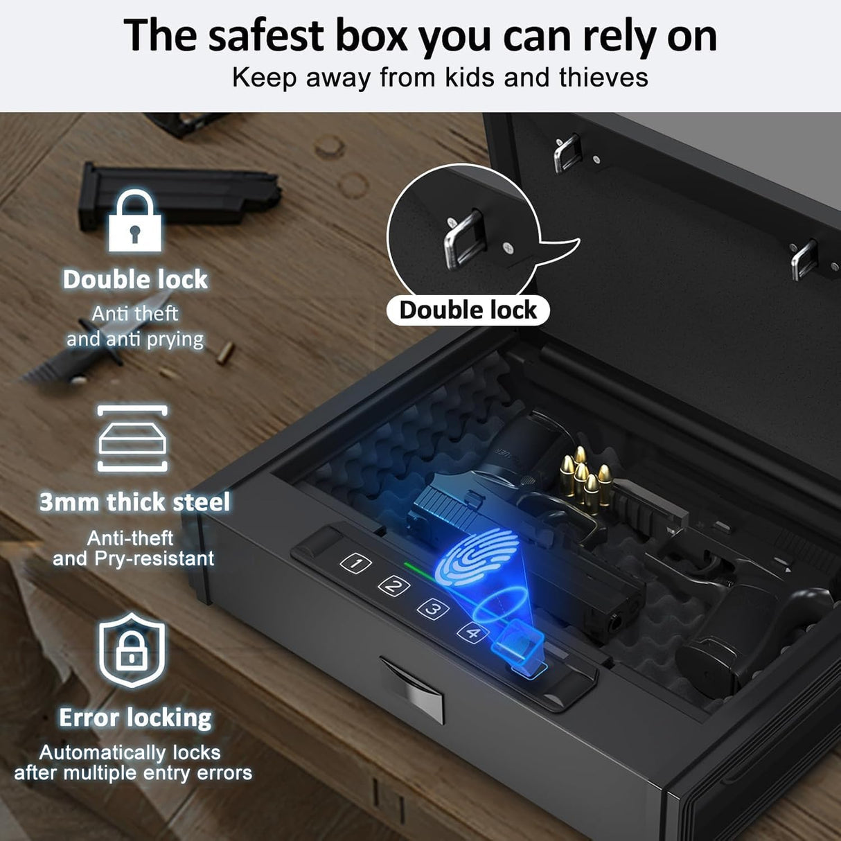 [ 30% Larger capacity ]Gun Safe for Pistols, Biometric Handgun Safe box, Mounted Handgun Safe Quick Access Security Safe with Fingerprint Keypad Lock for Home nightstand PATRON
