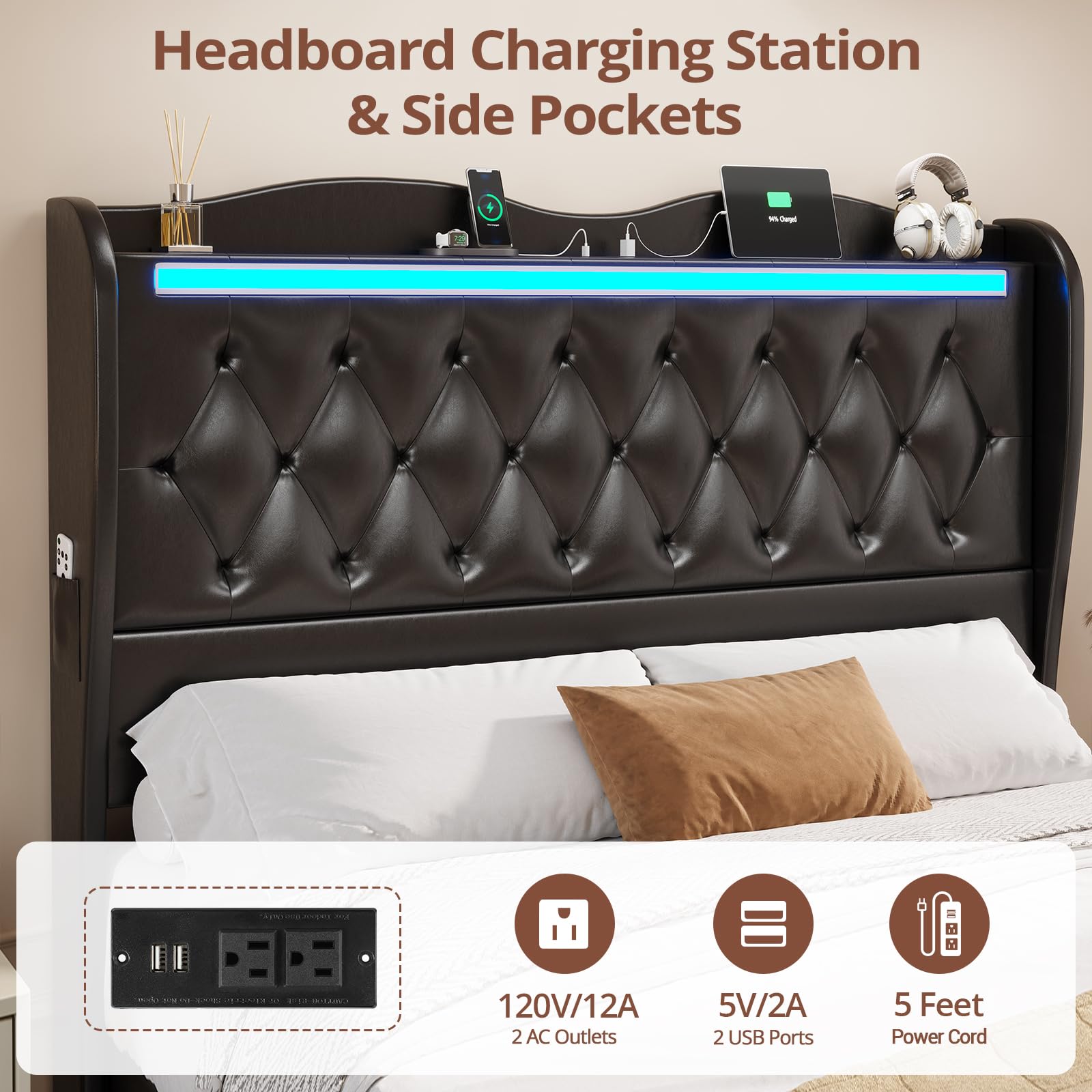 BTHFST Queen Size Bed Frame with Tall LED Headboard, Charging Station & Upholstered Wing Design - WoodArtSupply